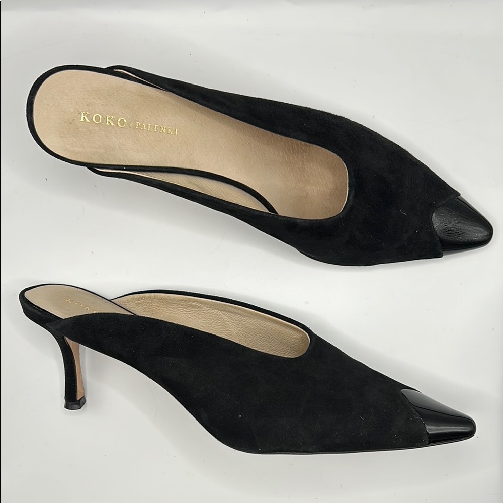 KoKo + Palenki Women’s Black Suede Janie Mule Slip On Heels size 10